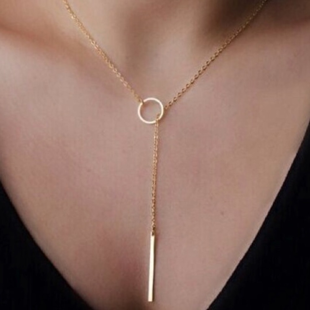 Gold Circle + Bar Chain Lariat Necklace